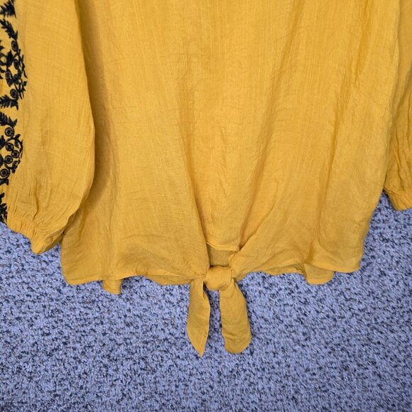 Olivia & Martin Top Womens Small Oversized Yellow V Neck Blouse Embroidered - Picture 5 of 7